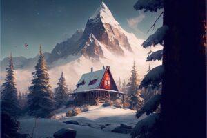 Hütte in den Bergen mit einer verschneiten Landschaft und Bäumen drumherum