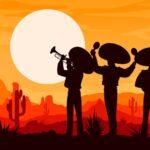 Mexikanische Mariachi Musiker und Cowboy Silhouetten auf Sonnenuntergang in der Wüste in Mexiko, Vektor-Hintergrund. Mexikanische Musikband Männer in Sombreros mit Gitarre, Maracas und Trompete auf Abend Sonnenuntergang Bühne Szene