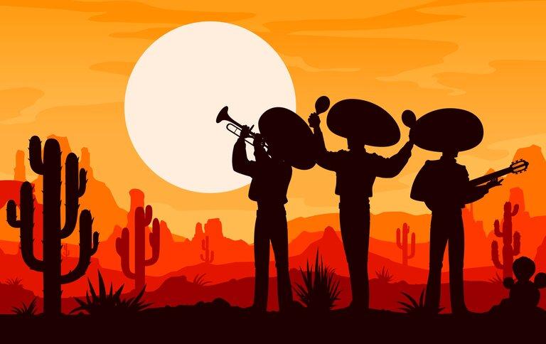 Mexikanische Mariachi Musiker und Cowboy Silhouetten auf Sonnenuntergang in der Wüste in Mexiko, Vektor-Hintergrund. Mexikanische Musikband Männer in Sombreros mit Gitarre, Maracas und Trompete auf Abend Sonnenuntergang Bühne Szene