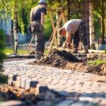 Zwei Handwerker beim Verlegen von Kopfsteinpflaster auf einem Gartenweg – traditionelles Handwerk für langlebige Außenflächen.