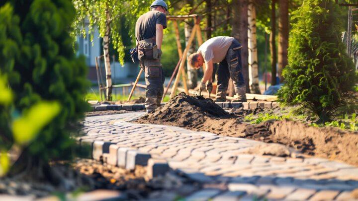 Zwei Handwerker beim Verlegen von Kopfsteinpflaster auf einem Gartenweg – traditionelles Handwerk für langlebige Außenflächen.