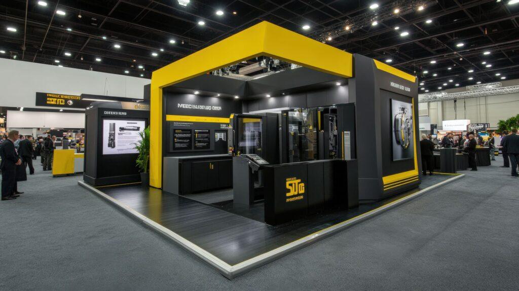 Moderner Messestand mit Industrieprodukten und Besuchern